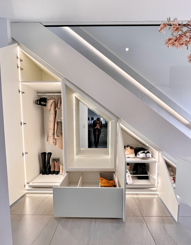 weißer Treppenschrank mit Sitzbank und Spiegel